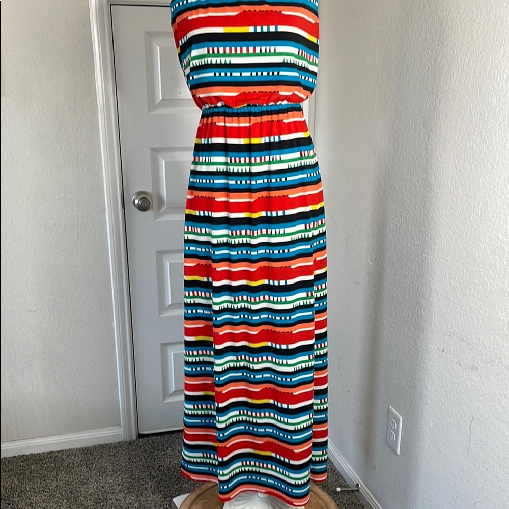 Vintage 90s Joy Joy Strapless Striped Maxi Dress - Red, Blue, Black